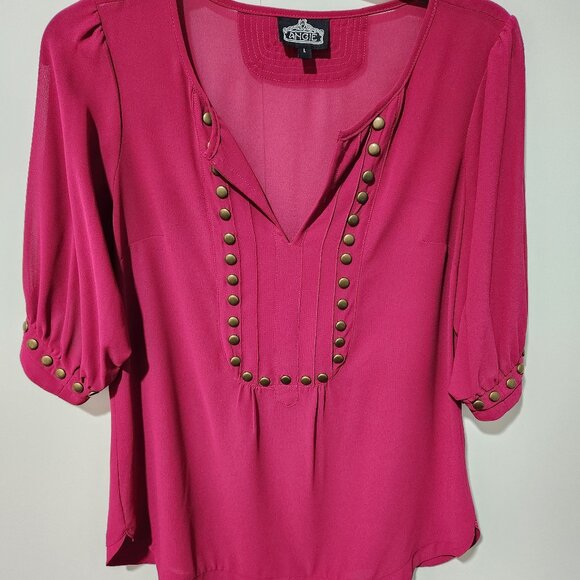 Angie Tops - ANGIE - Women's Dark Pink Short Sleeve Blouse with Stud Details- Large